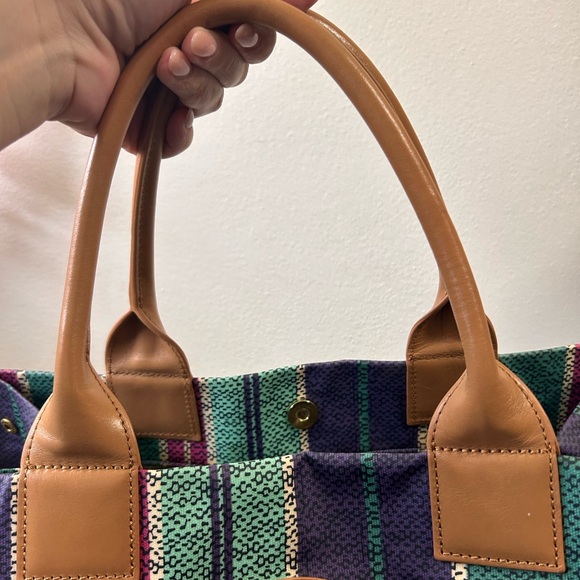 Tory Burch Striped Ella Tote Bag Leather and Coated Canvas pink LARGE LOGO - Picture 2 of 9